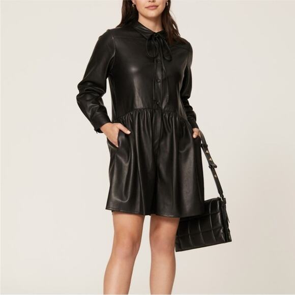 Rebecca Taylor Black Faux Leather Long Sleeved Romper Size 6